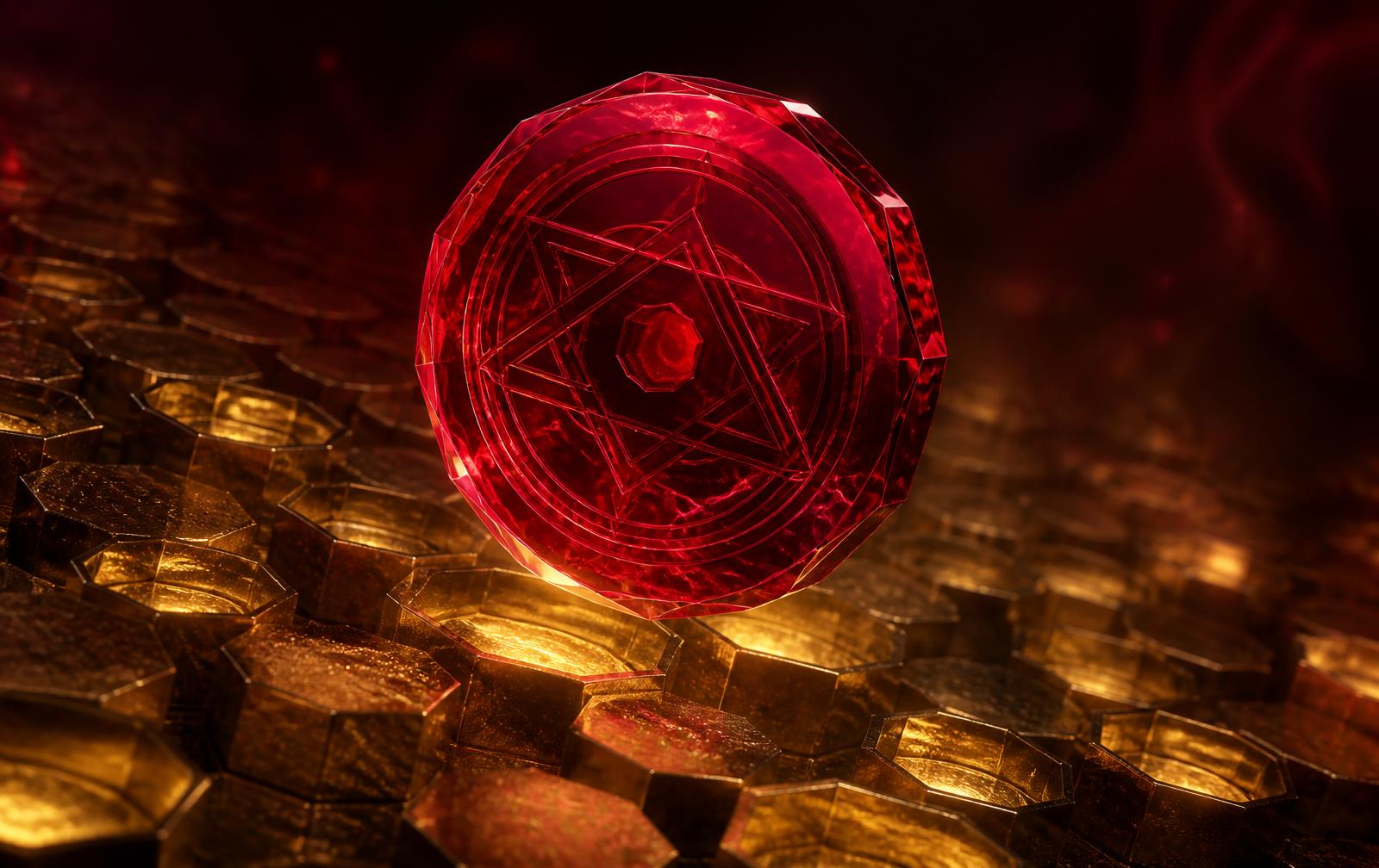 Rubinrött YAQUT BITCOIN-mynt som svävar över lysande gyllene blockkedjeblock